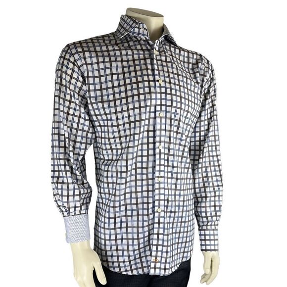 NWOT Thomas Dean L/S Dress Shirt w/Lt Blue, Taupe, & Black Grid Pattern Size Lg - Picture 8 of 11